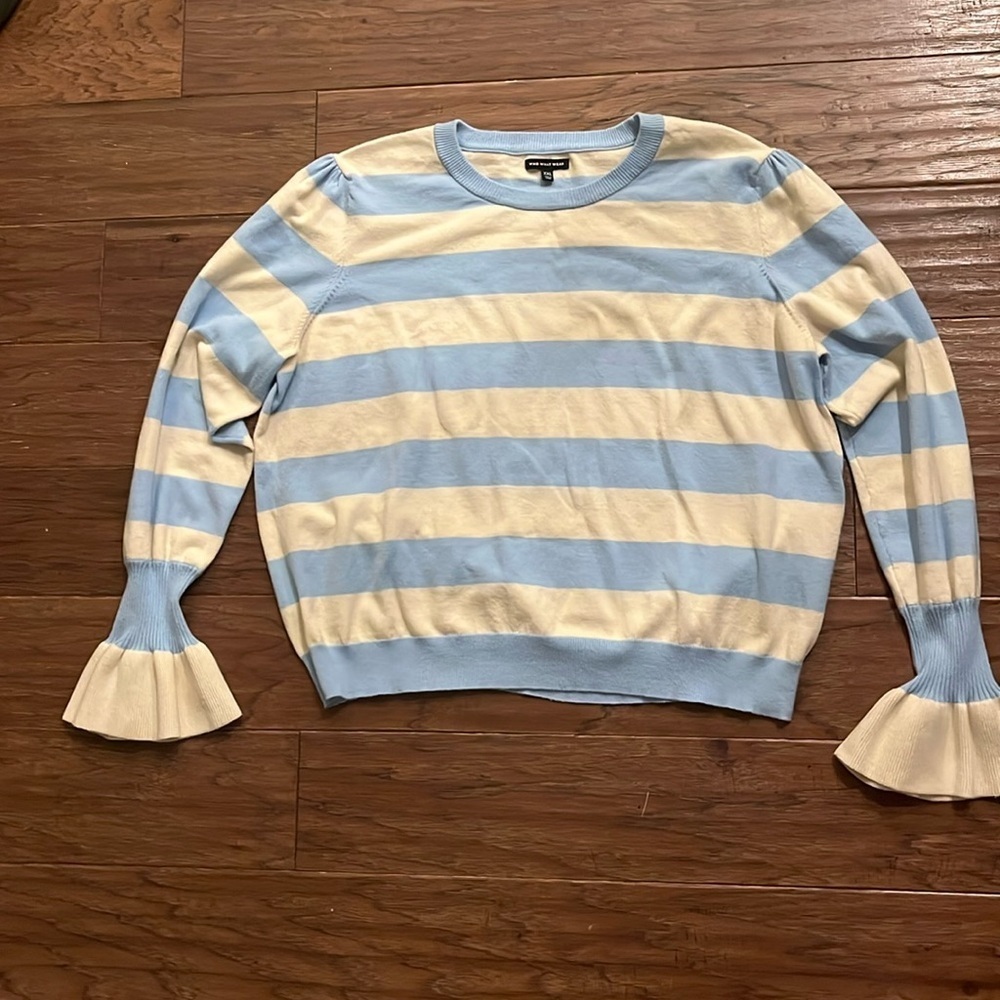 Who What Wear Bell Sleeve Blue and Cream Striped  Pullover Sweater Size XXL